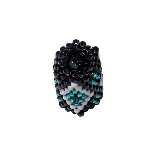 15x11mm White and Teal Diamonds on Black Peyote Stitch Tube Bead