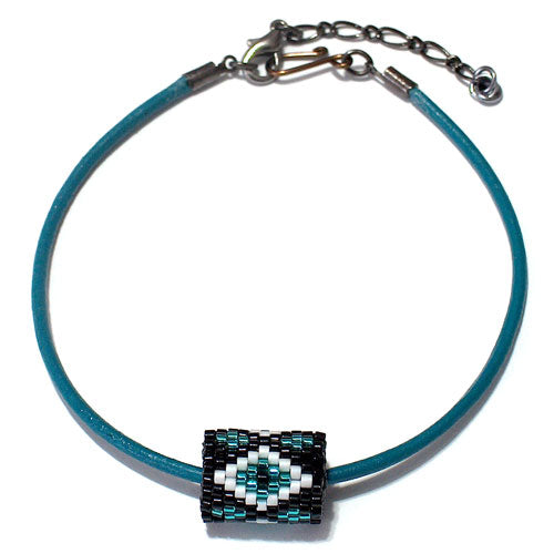 15x11mm White and Teal Diamonds on Black Peyote Stitch Tube Bead