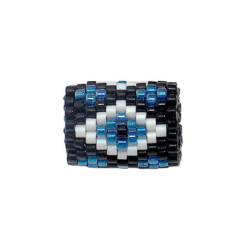 15x11mm White and Blue Diamonds on Black Peyote Stitch Tube Bead