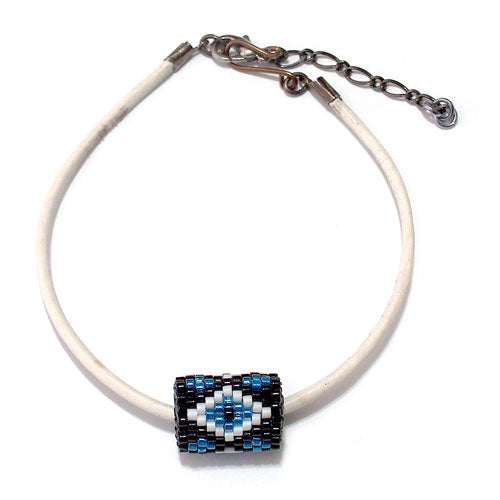 15x11mm White and Blue Diamonds on Black Peyote Stitch Tube Bead