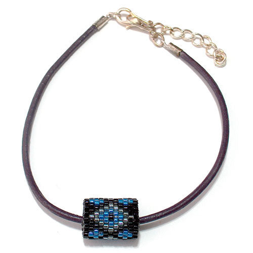 15x11mm Silver and Blue Diamonds on Black Peyote Stitch Tube Bead