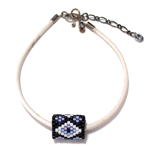 15x11mm White and Purple Diamonds on Black Peyote Stitch Tube Bead