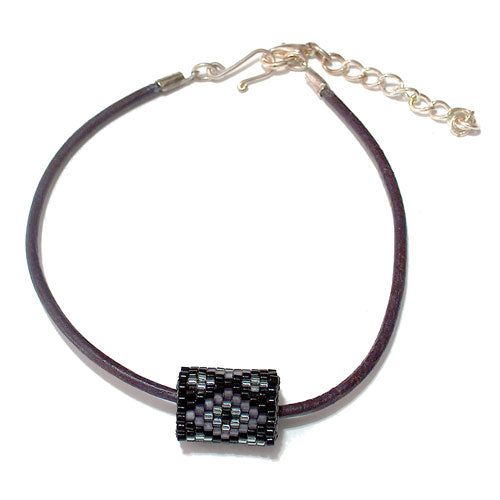 15x11mm Purple Matte and Silver Diamonds on Black Peyote Stitch Tube Bead