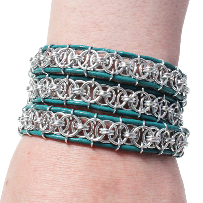 Triple Wrap-sody Bracelet (silver & turquoise) / 6.5 to 7 Inch wrist size / anodized aluminum chainmail / leather cord