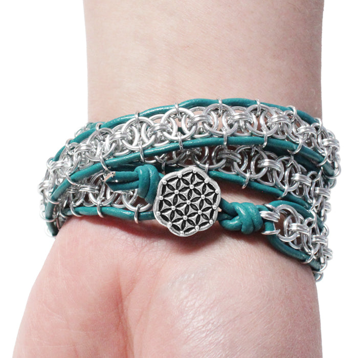 Triple Wrap-sody Bracelet (silver & turquoise) / 6.5 to 7 Inch wrist size / anodized aluminum chainmail / leather cord