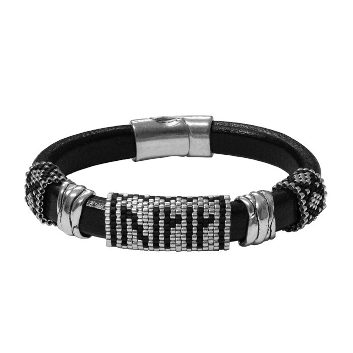 Viking Runes Bracelet / fits best on a 6.5 to 7 Inch wrist / black and silver / handmade peyote stitch sliders / 10 x 6mm leather cord