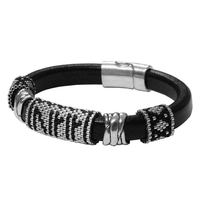 Viking Runes Bracelet / fits best on a 6.5 to 7 Inch wrist / black and silver / handmade peyote stitch sliders / 10 x 6mm leather cord