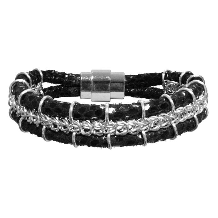 Cord-ially Yours Bracelet (black & silver) / 6.5 to 7 Inch wrist size / anodized aluminum chainmail / suede leather cord / magnetic clasp