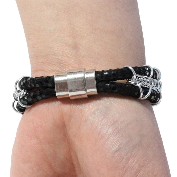 Cord-ially Yours Bracelet (black & silver) / 6.5 to 7 Inch wrist size / anodized aluminum chainmail / suede leather cord / magnetic clasp