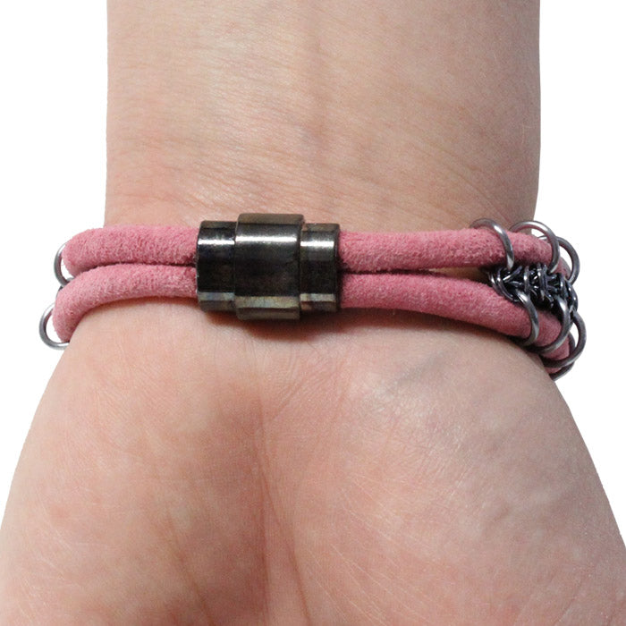 Cord-ially Yours Bracelet (pink & black) / 6.5 to 7 Inch wrist size / anodized aluminum chainmail / suede leather cord / magnetic clasp