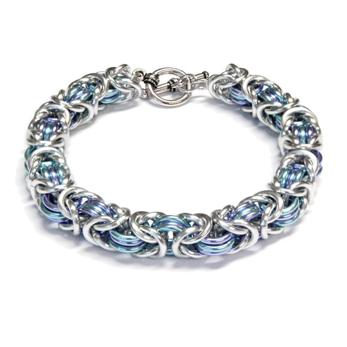 Three-Ring Byzantine Chainmail Bracelet / fits up to 7 inch wrist size / with silver, sky blue & lavender anodized aluminum jump rings