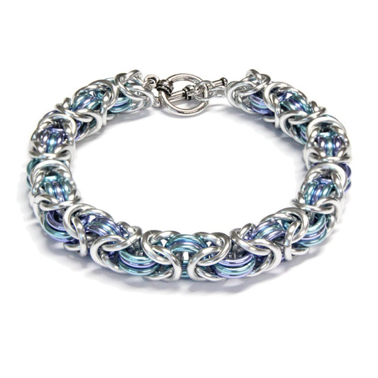 Three-Ring Byzantine Chainmail Bracelet / fits up to 7 inch wrist size / with silver, sky blue & lavender anodized aluminum jump rings