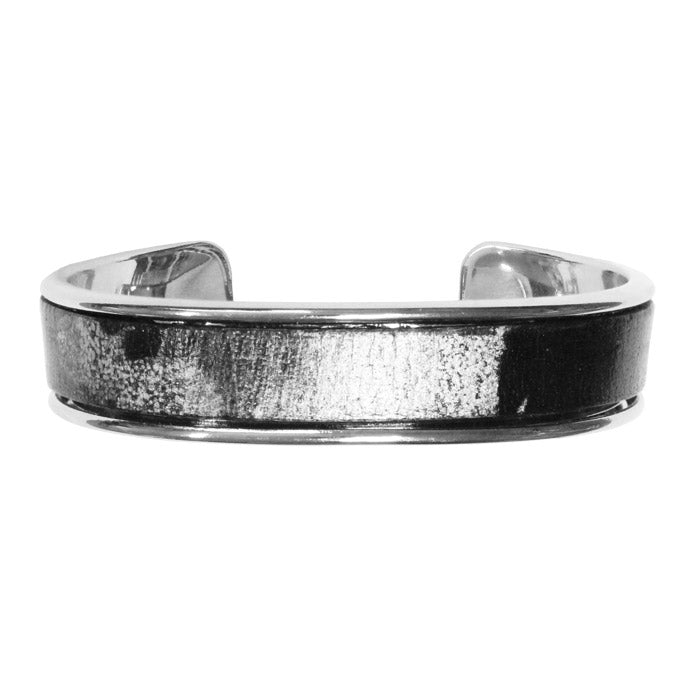 Black Silver Leather Cuff Bracelet / fits up to 7 inch wrist size / Euro leather on bright rhodium cuff / lotus charm