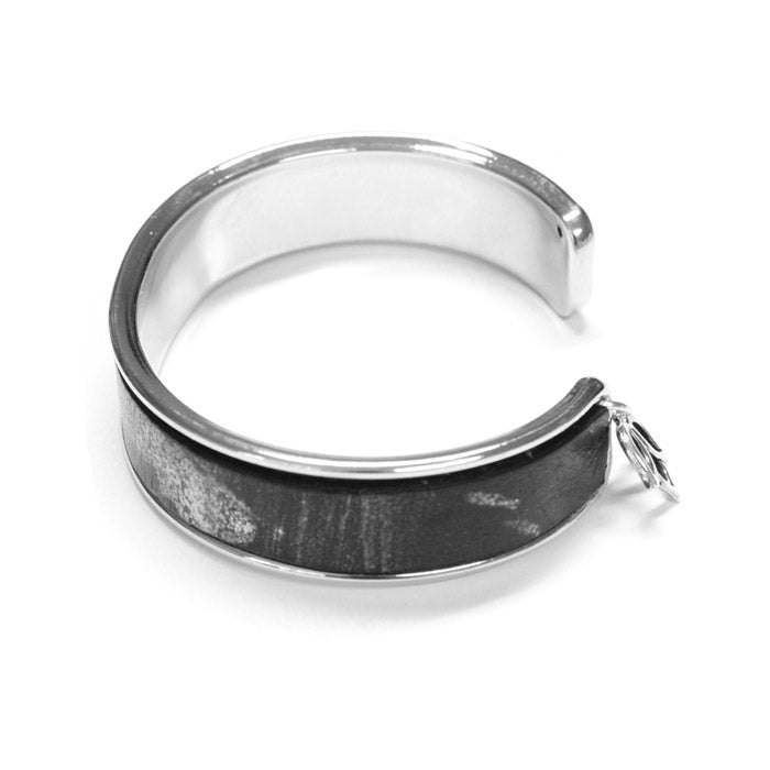 Black Silver Leather Cuff Bracelet / fits up to 7 inch wrist size / Euro leather on bright rhodium cuff / lotus charm