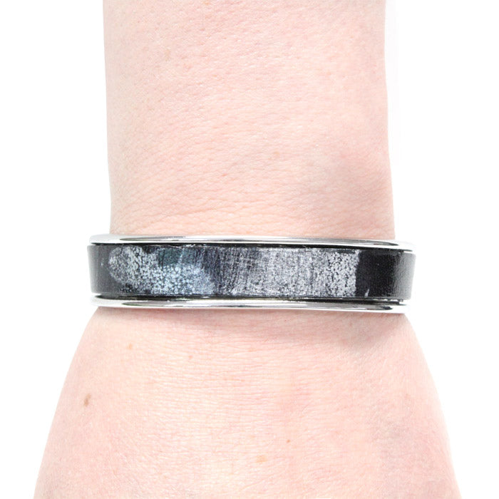 Black Silver Leather Cuff Bracelet / fits up to 7 inch wrist size / Euro leather on bright rhodium cuff / lotus charm