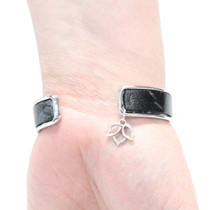 Black Silver Leather Cuff Bracelet / fits up to 7 inch wrist size / Euro leather on bright rhodium cuff / lotus charm