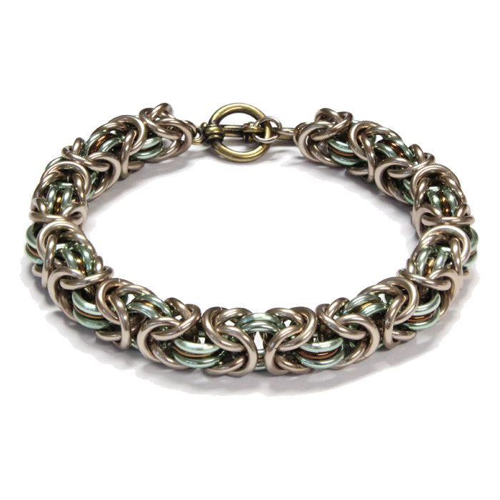 Three-Ring Byzantine Chainmail Bracelet – Champagne, Seafoam Green & Bronze