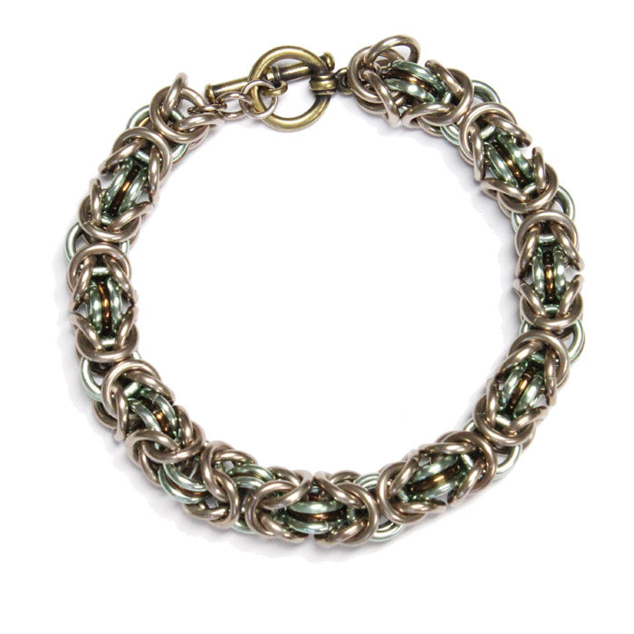 Three-Ring Byzantine Chainmail Bracelet – Champagne, Seafoam Green & Bronze