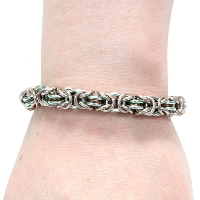Three-Ring Byzantine Chainmail Bracelet – Champagne, Seafoam Green & Bronze