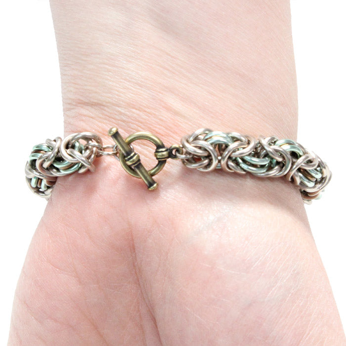 Three-Ring Byzantine Chainmail Bracelet – Champagne, Seafoam Green & Bronze