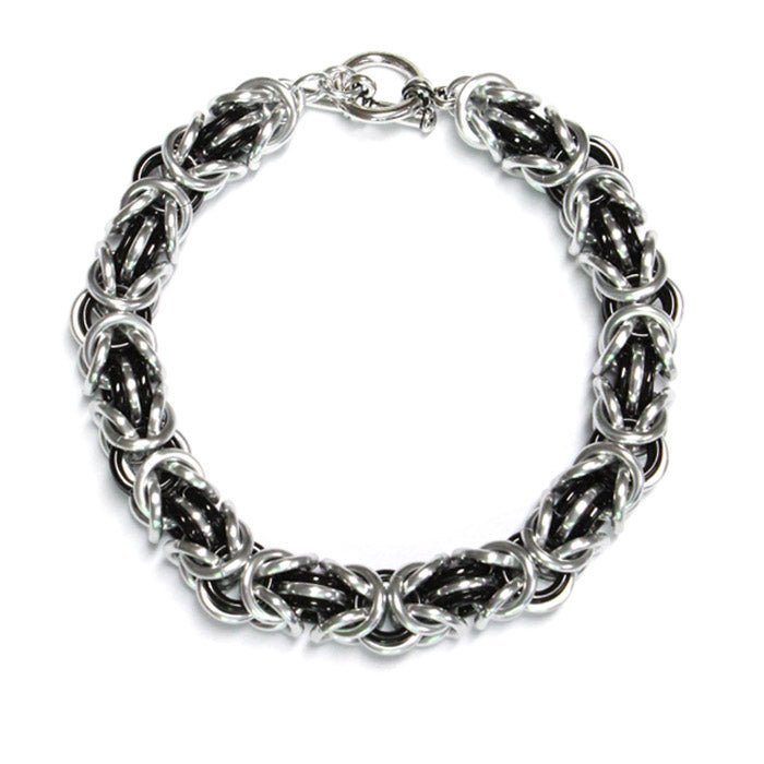 Three-Ring Byzantine Chainmail Bracelet / fits up to 7 inch wrist size / with silver and black anodized aluminum jump rings