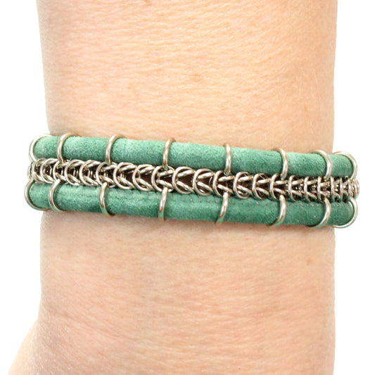 Cord-ially Yours Bracelet (green & champagne) / 6.5 to 7 Inch wrist size / anodized aluminum chainmail / suede leather cord / magnetic clasp