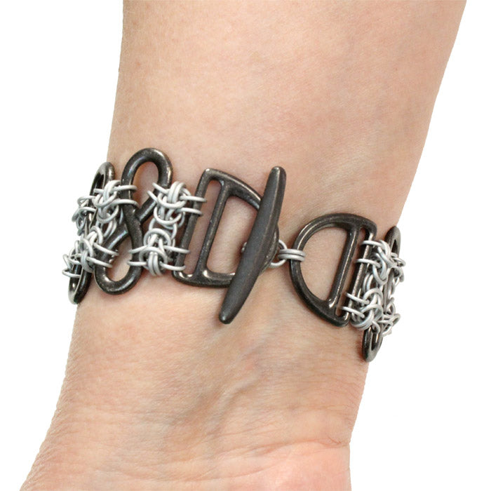 Ad Infinitum Bracelet / up to 7 Inch wrist size / black infinity links chained together with silver matte chainmail