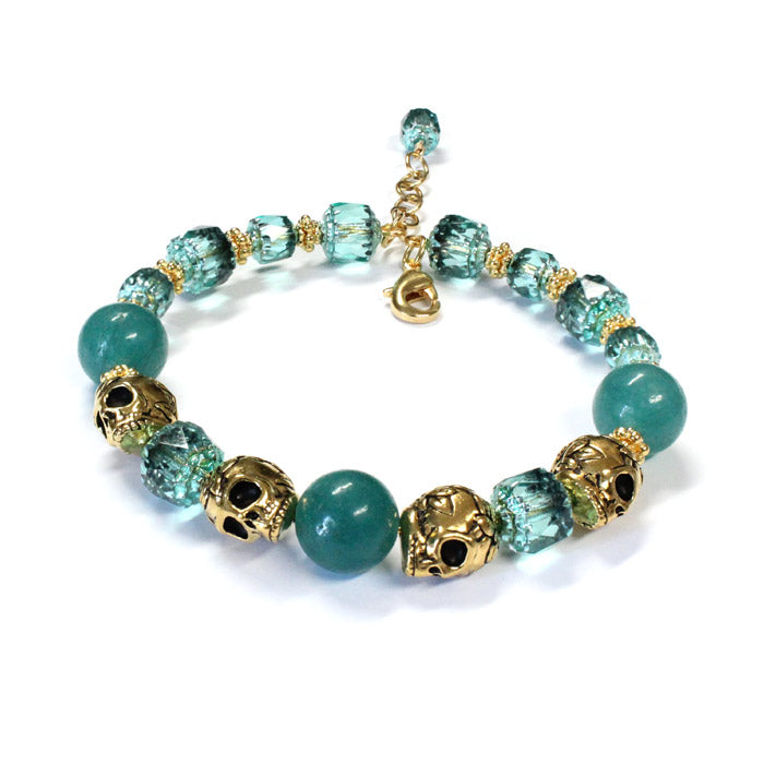 Rose Skull Green Agate Bracelet / 6 to 7 Inch wrist size / one inch extender chain