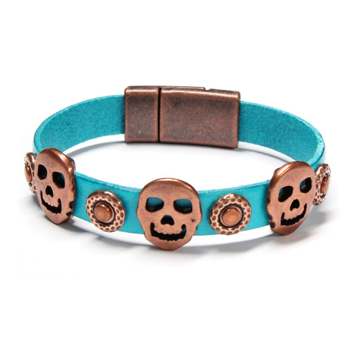 Halloween Skull Bracelet fits 6.5 to 6.75 inch wrist size / aqua-toned leather / magnetic clasp
