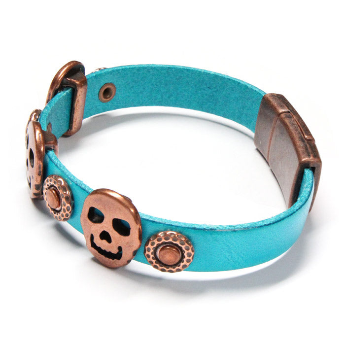 Halloween Skull Bracelet fits 6.5 to 6.75 inch wrist size / aqua-toned leather / magnetic clasp
