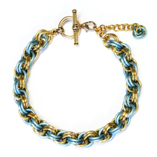 Double Spiral Chainmail Bracelet / matte sky blue and gold / adjustable clasp for 6.5 to 7.5 inch wrist