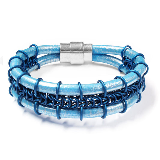 Cord-ially Yours Bracelet / 6.5 to 7 Inch wrist size / matte royal blue chainmail / metallic sky blue leather cord / magnetic clasp