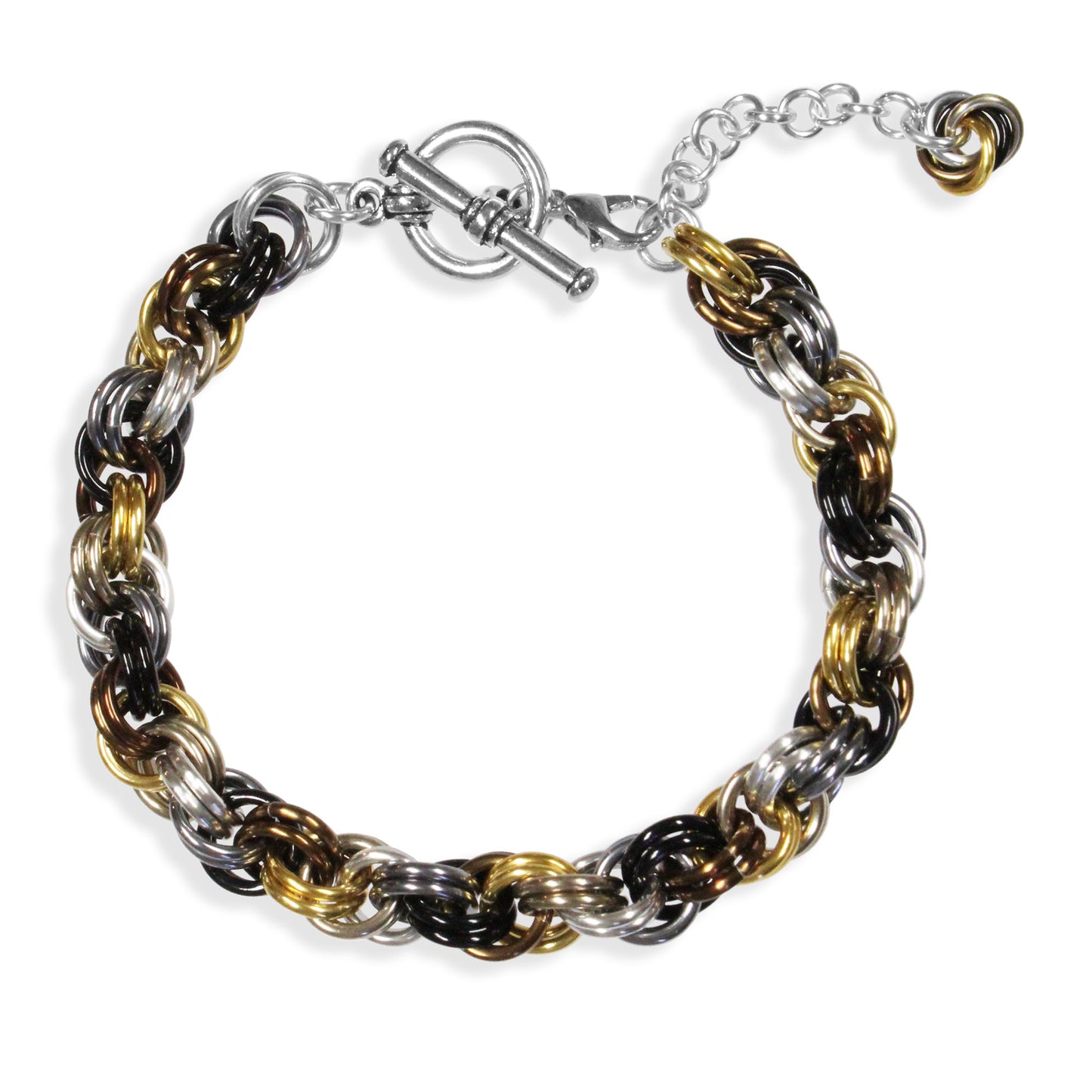 Double Spiral Chainmail Bracelet / mixed-metallic colors / adjustable clasp for 6.5 to 7.5 inch wrist