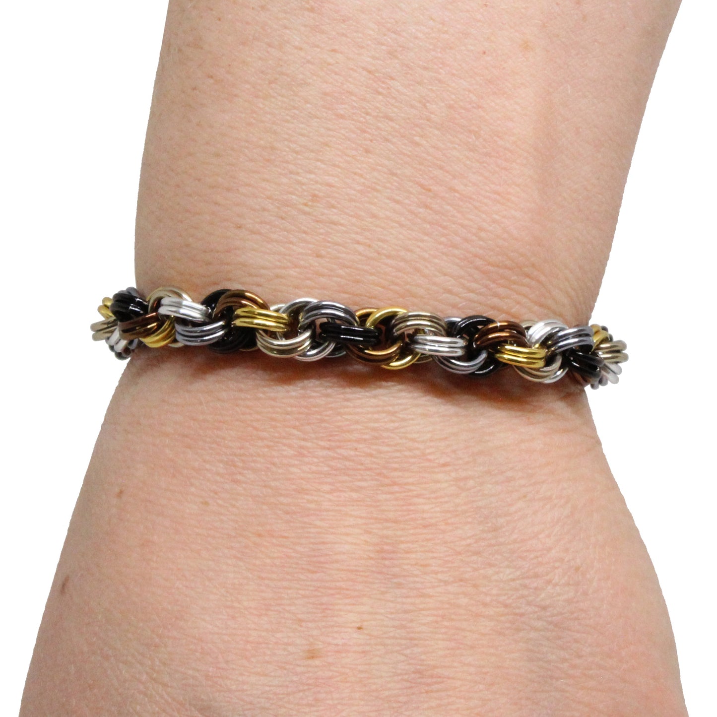 Double Spiral Chainmail Bracelet / mixed-metallic colors / adjustable clasp for 6.5 to 7.5 inch wrist