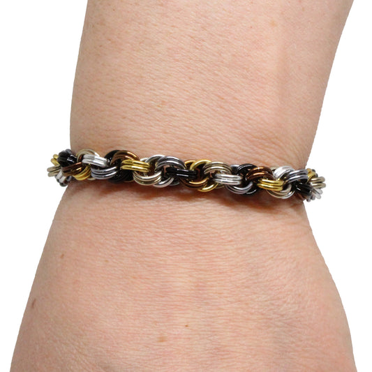 Double Spiral Chainmail Bracelet / mixed-metallic colors / adjustable clasp for 6.5 to 7.5 inch wrist