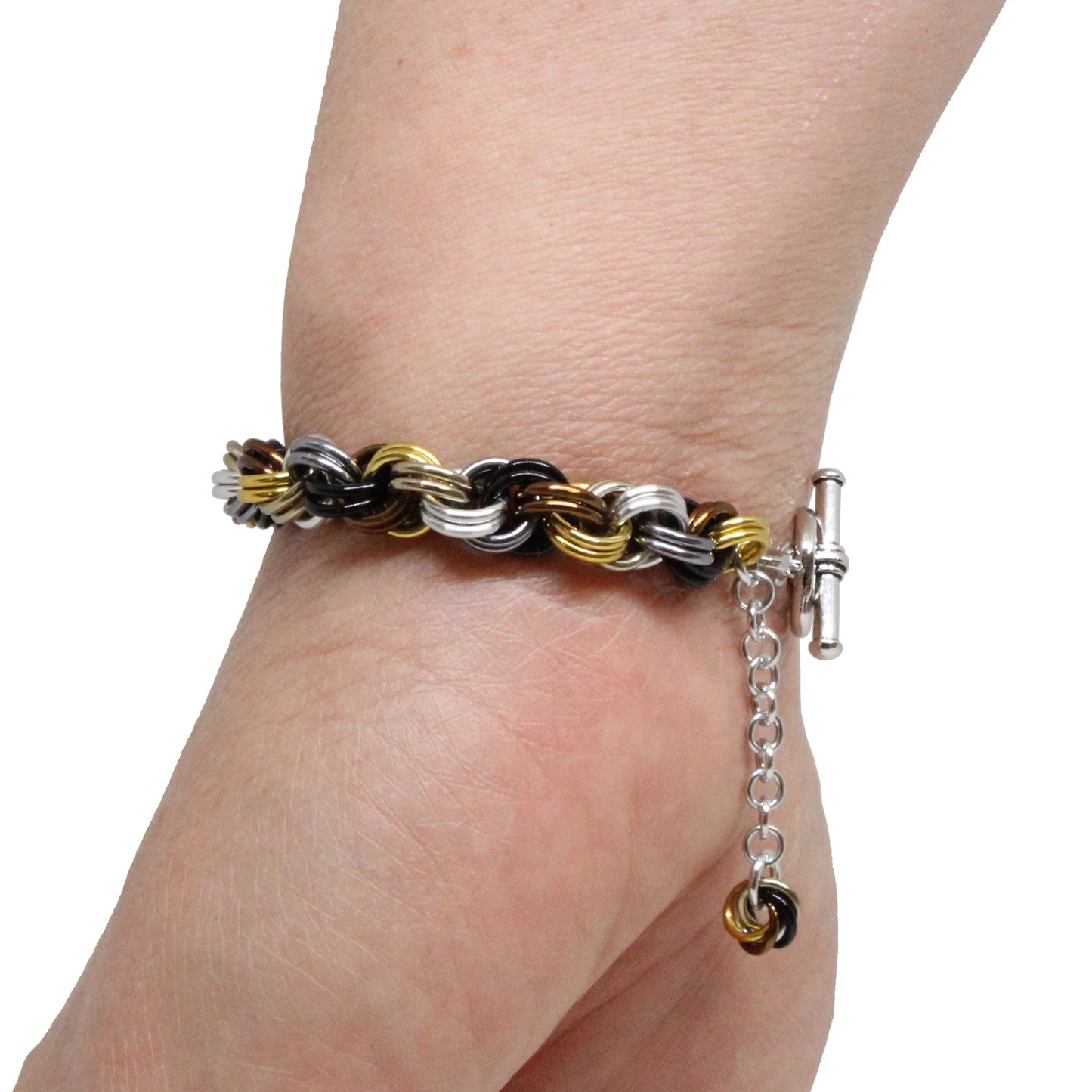 Double Spiral Chainmail Bracelet / mixed-metallic colors / adjustable clasp for 6.5 to 7.5 inch wrist