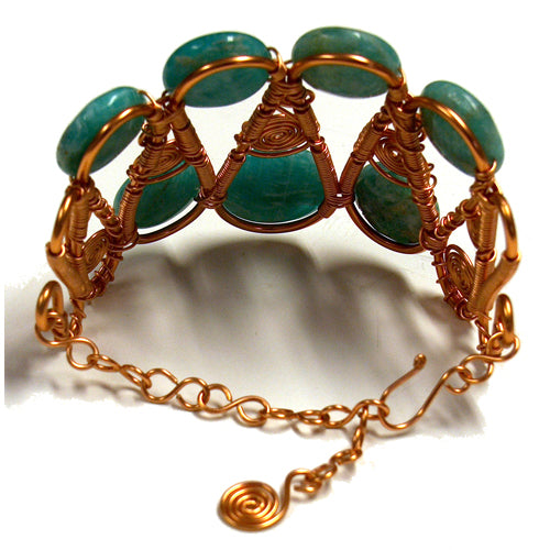 Green Amazonite Copper Wire Bracelet / for 7 - 8.5 Inch wrist size / cuff style with extender chain