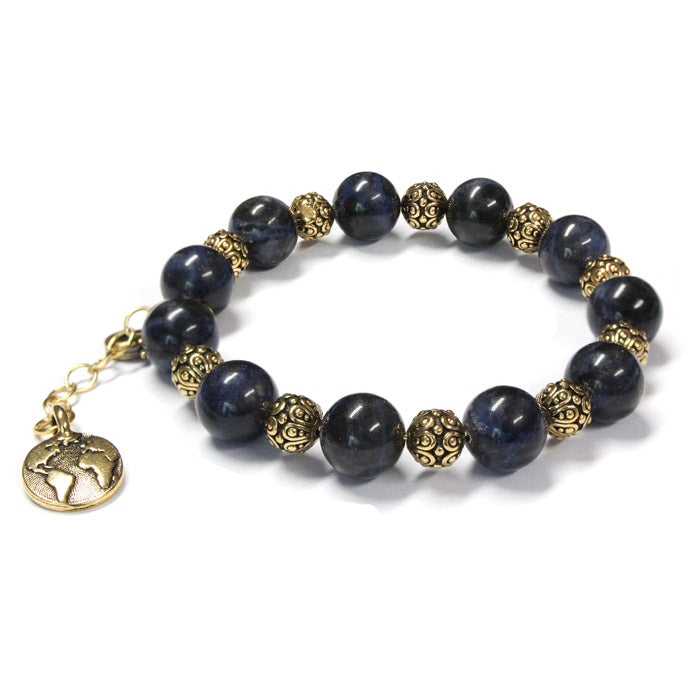 Sodalite Bracelet with Earth charm / 6 to 7 Inch wrist size / with extender chain