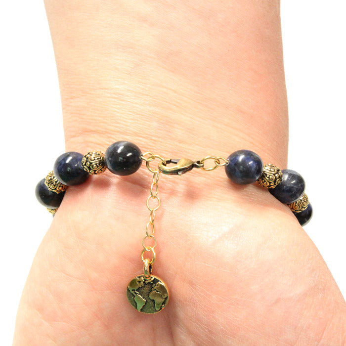 Sodalite Bracelet with Earth charm / 6 to 7 Inch wrist size / with extender chain