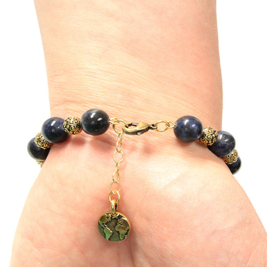 Sodalite Bracelet with Earth charm / 6 to 7 Inch wrist size / with extender chain