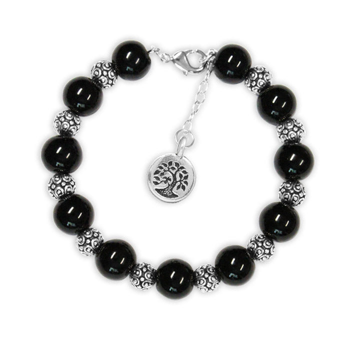 Black Onyx Bracelet with Tree charm / 6 to 7 Inch wrist size / extender chain