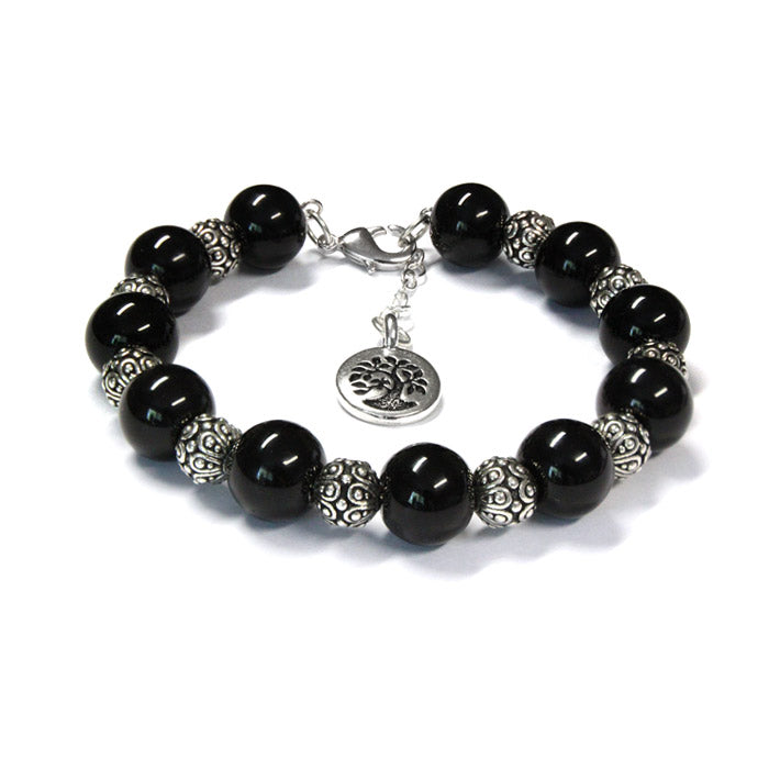 Black Onyx Bracelet with Tree charm / 6 to 7 Inch wrist size / extender chain