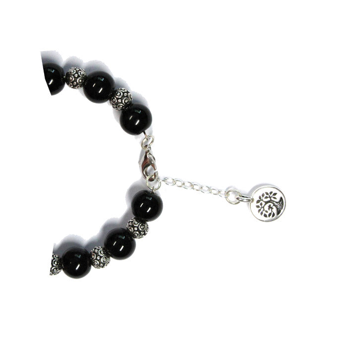 Black Onyx Bracelet with Tree charm / 6 to 7 Inch wrist size / extender chain