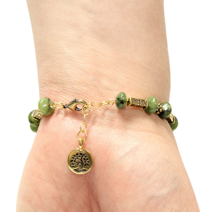 Green Serpentine Bracelet with tree charm / 6 to 7 Inch wrist size / tribal ethnic gold pewter beads / extender chain