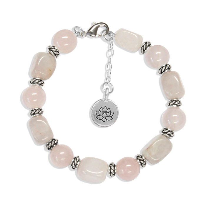 Rose Quartz Bracelet with lotus charm / 6 to 7 Inch wrist size / extender chain