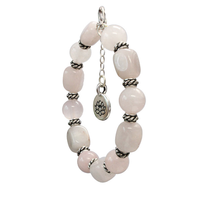 Rose Quartz Bracelet with lotus charm / 6 to 7 Inch wrist size / extender chain