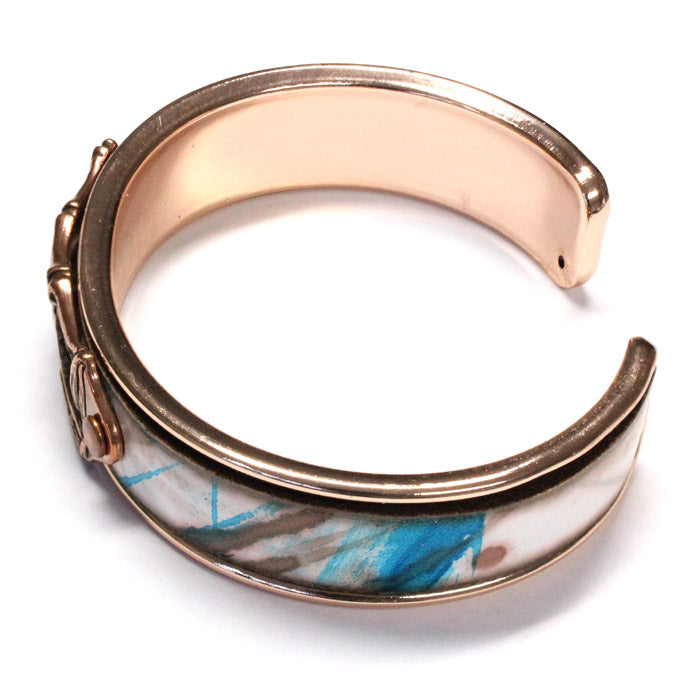 Bamboo Leaves Cuff Bracelet / fits up to 7 inch wrist size / turquoise bronze printed leather / rose gold plated cuff