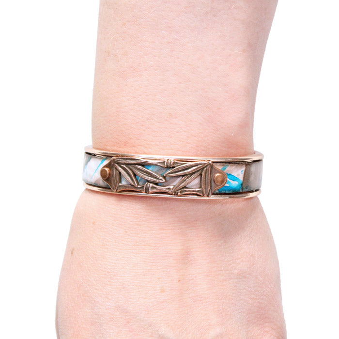Bamboo Leaves Cuff Bracelet / fits up to 7 inch wrist size / turquoise bronze printed leather / rose gold plated cuff