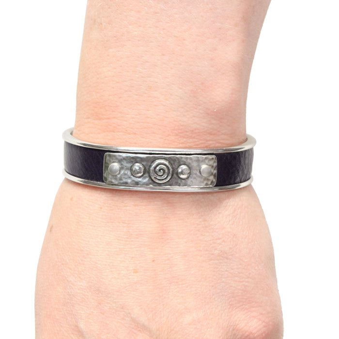 Spiral Rivets Cuff Bracelet / dark purple leather / rhodium plated cuff / fits up to 7 inch wrist size