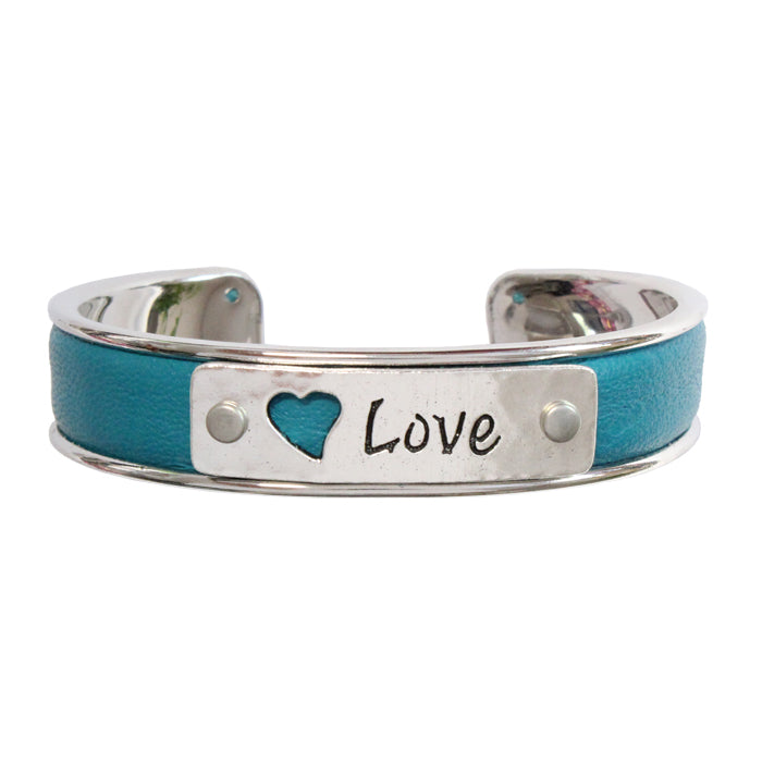 Love Heart Cuff Bracelet / fits up to 7 inch wrist size / turquoise leather / rhodium plated cuff